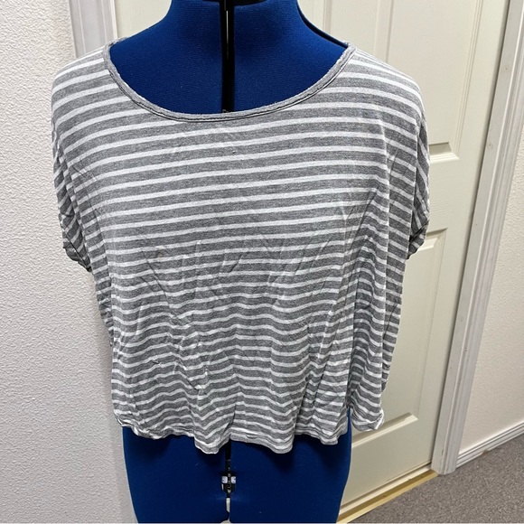 Gray and White Striped Tee Curved Hem - Picture 3 of 5